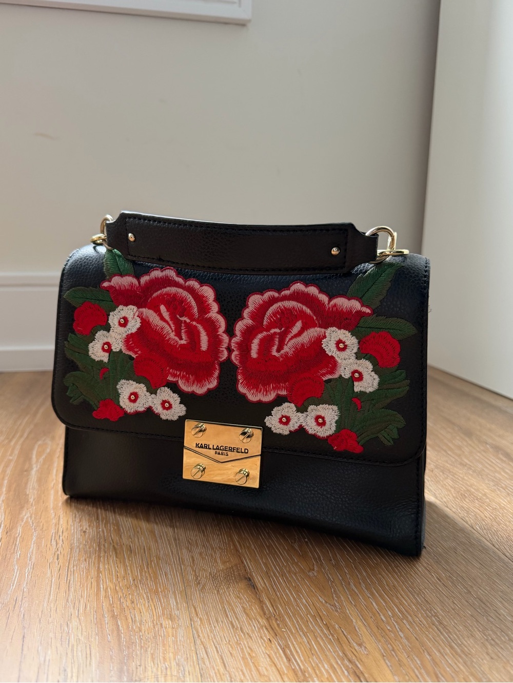 Karl Lagerfeld Black Leather Satchel with Red Floral Embroidery